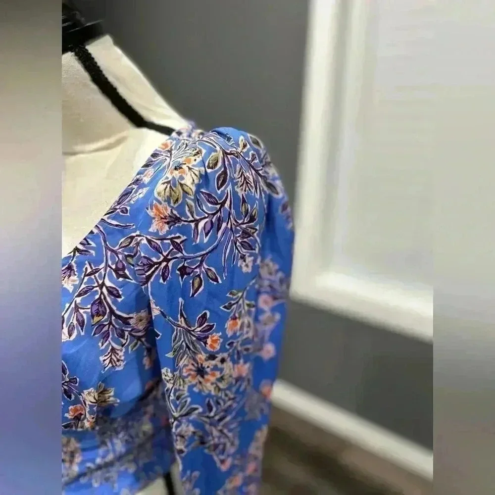 Free People Blue Floral Santiago Smocked Waist Long Sleeve Blouse Size XS